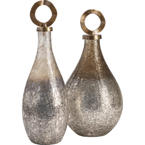 Annalisa Covered Vases in Iridescent Silver Textured Glass & Brass (Set of 2)