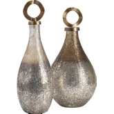 Annalisa Covered Vases in Iridescent Silver Textured Glass & Brass (Set of 2)