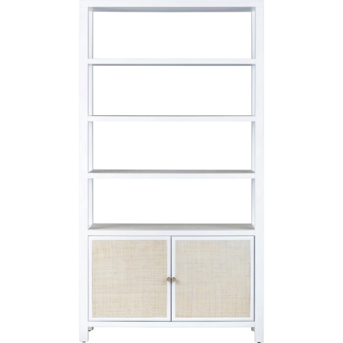 Sandy Shores 2 Door 3 Shelf Etagere Bookcase in White Wood & Rattan