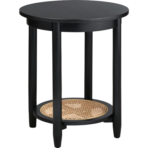 Port Royal Round End Table in Black Wood & Tan Rattan