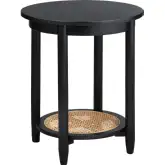 Port Royal Round End Table in Black Wood & Tan Rattan