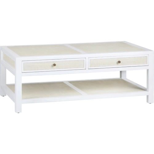 Sandy Shores 4 Drawer Cocktail Table in White Wood & Washed Rattan