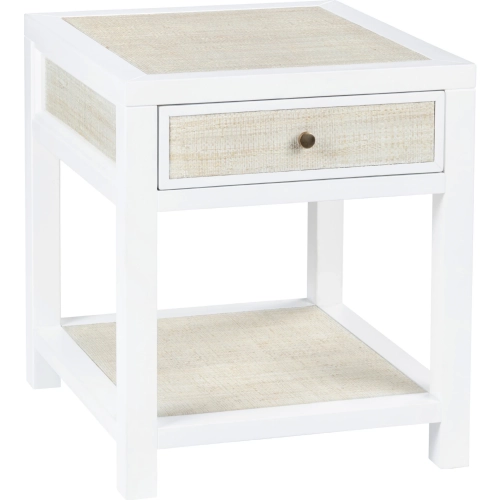 Sandy Shores 1 Drawer End Table in White Wood & Washed Rattan