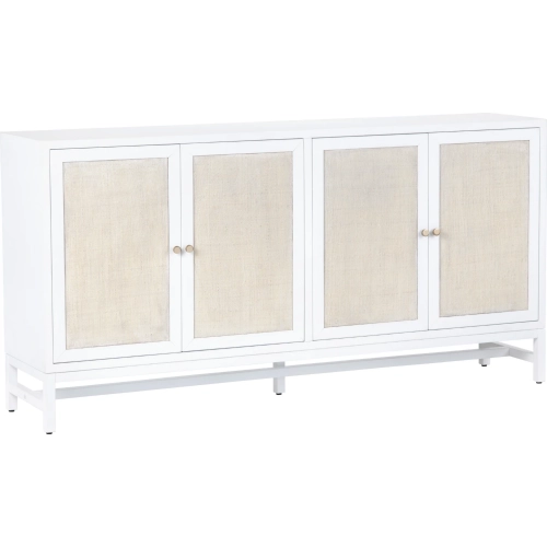 Sandy Shores 72" 4 Door Media Credenza Sideboard in White Wood & Washed Rattan