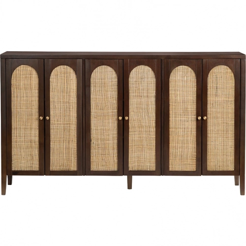 Arcadian 72" 6 Door Media Credenza Sideboard in Brown Wood & Cane