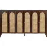 Arcadian 72" 6 Door Media Credenza Sideboard in Brown Wood & Cane