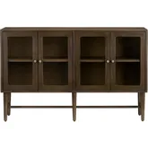 Linsey 59.6"W 4 Door Media Credenza Sideboard in Brown Wood & Glass