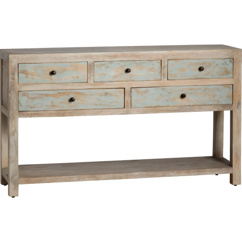 Grand Harbor 5 Drawer Console Table in Distressed Wood & Blue