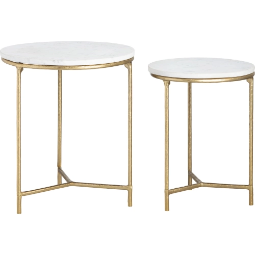 Athens 2 Piece Nesting Table Set in White Marble & Gold
