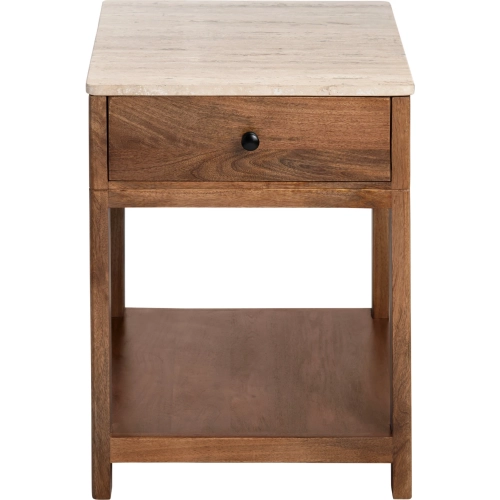 Liam 1 Drawer End Table in Solid Mango & Cream Travertine