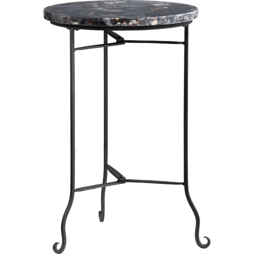 Pennington Round End Table in Black Petrified Wood & Metal