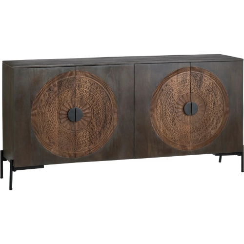 Sienna 66" 4 Door Media Credenza Sideboard in Brown Mango Wood & Black Iron