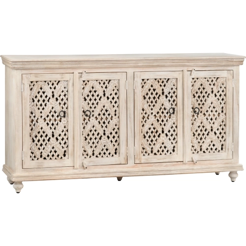 Lattice 72" 4 Door Media Credenza Sideboard in White Washed Wood