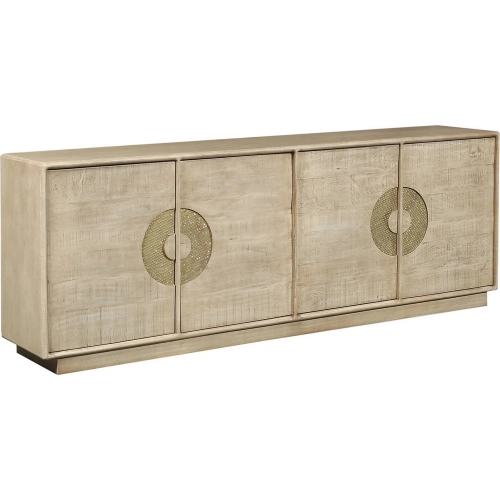 Westhaven 92" 4 Door TV Stand Media Credenza in Tan Wood, Cane & Brass