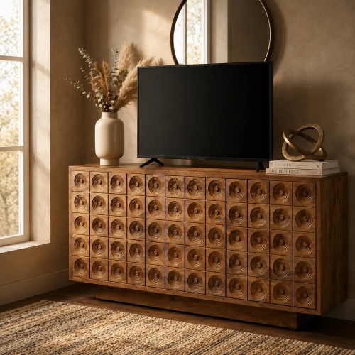 Hayden 62" 3 Door Media Credenza Sideboard in Brown Solid Wood