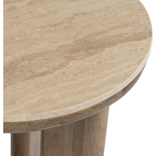 Mason Round End Table in Tan Travertine & Brown Wood