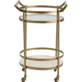 Vine Grove Bar Cart in Gold Metal, White Marble & Mirror Glass
