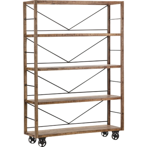 Winslow Wheeled Bookcase in Rustic Brown Wood & Metal