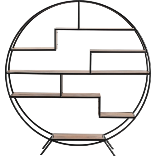 Accord Round Etagere Bookcase in Wood & Black Metal
