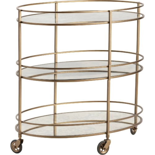 Waterford Oval 2 Shelf Bar Cart in Gold Metal, Glass & Mirror