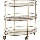 Waterford Oval 2 Shelf Bar Cart in Gold Metal, Glass & Mirror