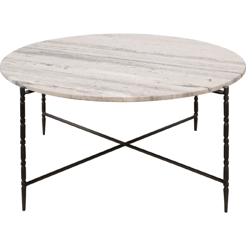 Cassian 36" Round Cocktail Coffee Table in White & Grey Marble & Black Metal