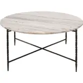 Cassian 36" Round Cocktail Coffee Table in White & Grey Marble & Black Metal