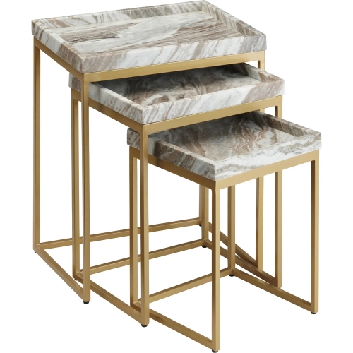 Torrento 3 Piece Nesting End Tables Set in White Marble & Brushed Gold