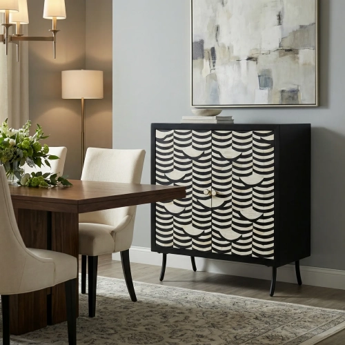 Capella 2 Door Cabinet in Black Wood, Cream Inlay & Black Metal