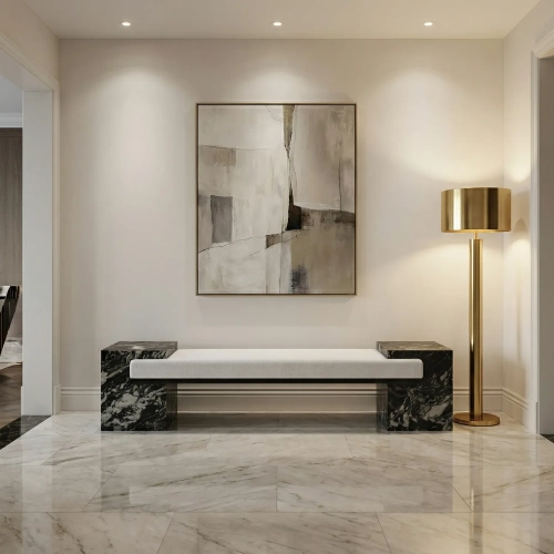 Massimo 72" Bench in Polished Black Marble & White Fabric