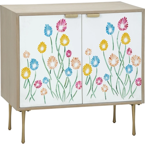 Whimsy 2 Door Cabinet in Tan Wood, White & Multicolor Floral Design