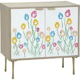 Whimsy 2 Door Cabinet in Tan Wood, White & Multicolor Floral Design