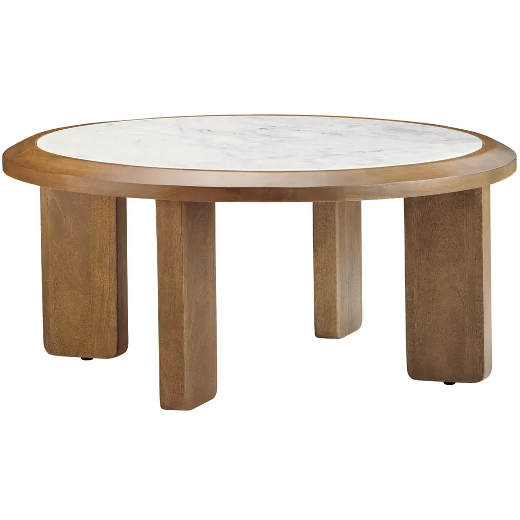 Palatino Round Coffee Cocktail Table in White Marble & Wood