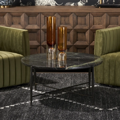 Luma Round Cocktail Coffee Table in Dark Green Marble & Black Metal