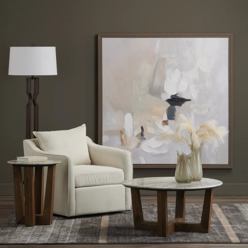 Wexler Round Cocktail Coffee Table in Gray Travertine Stone & Wood