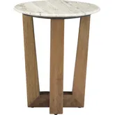 Wexler Round End Table in Gray Travertine Stone & Wood