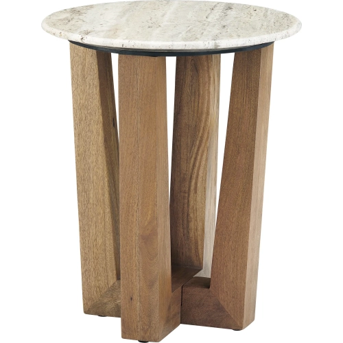 Wexler Round End Table in Gray Travertine Stone & Wood
