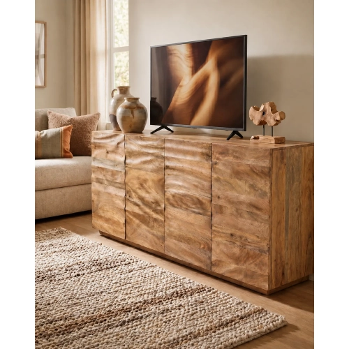Ripple 83"W 4 Door Media Credenza Sideboard in Brown Wood