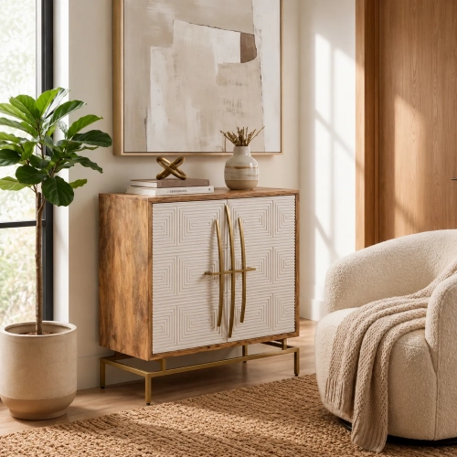 Rembrandt 34" 2 Door Accent Cabinet in Wood, Cream White & Gold