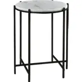 Talley Round End Table in White Marble & Black Iron