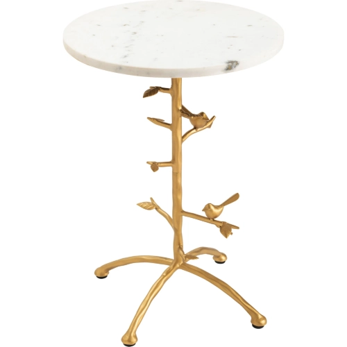 Tweety Bird Round End Table in White Marble & Gold Metal
