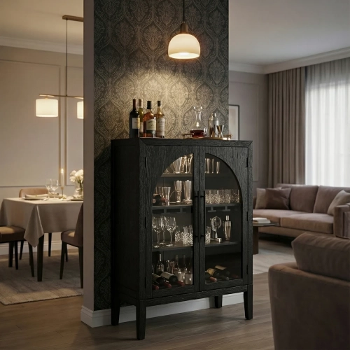 Braxton 34" Arched Glass Door Wine Cabinet in Black