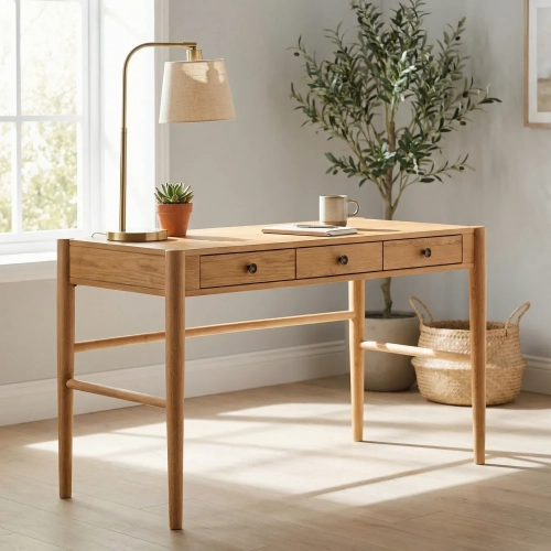 Aldrich 54" 3 Drawer Writing Desk in Tan Wood
