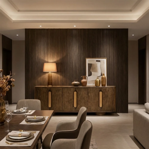 Adler 90" 6 Door Sideboard Buffet in Brown Wood & Brushed Gold