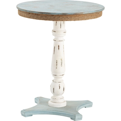 Sea Isle Round Coastal End Table in Turquoise Blue & White Wood