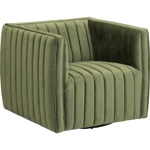 Draper Swivel Accent Chair in Channel Tufted Green Fabric