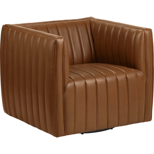 Huxley Swivel Accent Chair in Channel Tufted Brown Vegan Leather