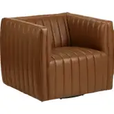 Huxley Swivel Accent Chair in Channel Tufted Brown Vegan Leather