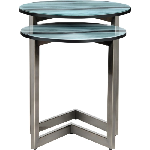 Crestview 2 Piece Nesting Table Set in Green & Black Glass & Silver Metal