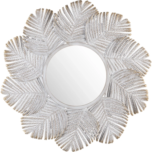 Miramar Round Wall Mirror in White Washed Metal Palm Leaves